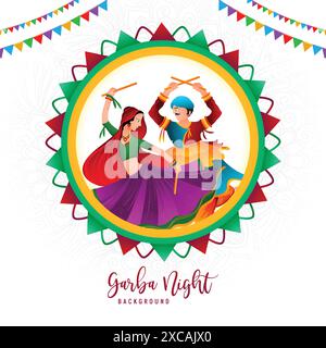 Coppia di notte Garba che gioca a disegno di carte celebrative di garba e dandiya Illustrazione Vettoriale