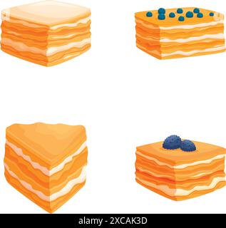 Raccolta di deliziose torte a strati, alcune condite con frutti di bosco freschi, isolate su bianco Illustrazione Vettoriale