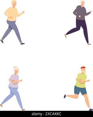 Serie di illustrazioni con uomini senior attivi che corrono in vari outfit sportivi Illustrazione Vettoriale