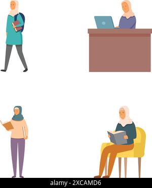 Collezione di illustrazioni con persone che studiano, lavorano su computer portatili, leggono e sedute Illustrazione Vettoriale