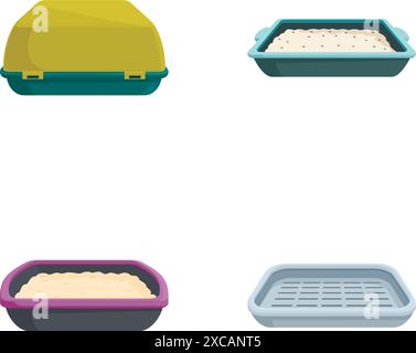 Quattro stili di scatole per lettiere di gatto in vari colori e design, isolate su sfondo bianco Illustrazione Vettoriale