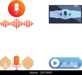 Quattro icone colorate correlate all'audio, tra cui microfoni e onde sonore Illustrazione Vettoriale