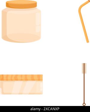 Illustrazione di un set di prodotti riutilizzabili ecocompatibili e sostenibili realizzati in vetro, bambù, cera d'api e altro ancora, perfetto per la conservazione senza sprechi, la vita verde e l'ambiente Illustrazione Vettoriale