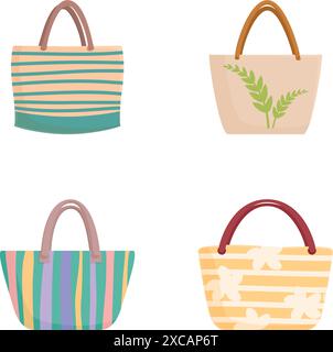 Collezione di quattro borse tote alla moda in vari design isolate su sfondo bianco Illustrazione Vettoriale