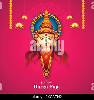 Happy navratri, volto artistico durag per la durga puja indian Celebration card background Illustrazione Vettoriale