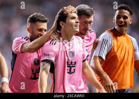 15 giugno 2024: L'attaccante Leonardo Afonso (73) dell'Inter Miami CF celebra un gol con i compagni di squadra durante il secondo tempo di una partita della MLS contro i Philadelphia Union al Subaru Park di Chester, Pennsylvania. Kyle Rodden/CSM Foto Stock