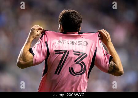 15 giugno 2024: L'attaccante Leonardo Afonso (73) celebra un gol durante il secondo tempo di una partita della MLS contro i Philadelphia Union al Subaru Park di Chester, Pennsylvania. Kyle Rodden/CSM Foto Stock