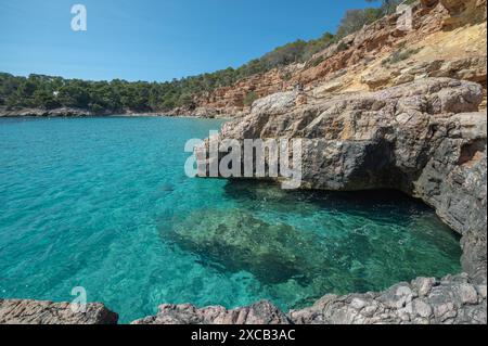 Acque turchesi di Cala Saladeta a Ibiza in estate. Foto Stock