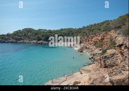 Acque turchesi di Cala Saladeta a Ibiza in estate. Foto Stock