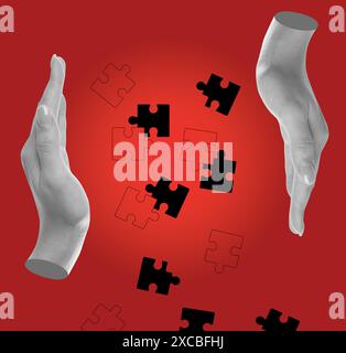 Mani femminili e puzzle su sfondo rosso, collage artistico creativo Foto Stock