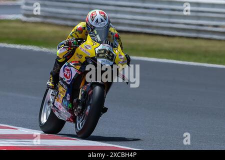 Misano Adriatico, Italia. 15 giugno 2024. Andrea Iannone del Team Goeleven con Ducati Panigale V4R visto in azione durante il FIM SBK Superbike World Championship Pirelli Emilia-Romagna Round - gara 1 al Misano World Circuit di Misano Adriatico. (Foto di Fabrizio Carabelli/SOPA Images/Sipa USA) credito: SIPA USA/Alamy Live News Foto Stock