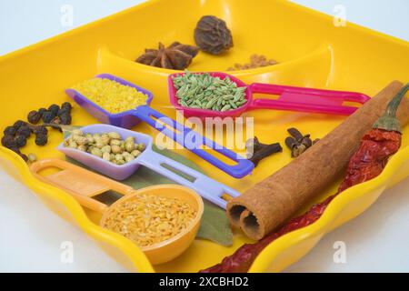 Vista ad angolo delle spezie miste indiane per sottaceti di mango, peperoncino rosso, pepe nero, chiodi di garofano, cardamomo nero, semi di anice ecc. in piastra gialla, isolati Foto Stock