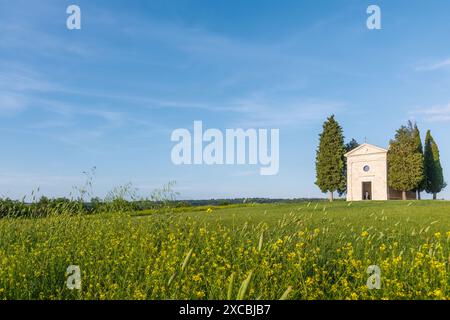 Toscana, Italia; 18 giugno 2024 - Una vista della Cappella Vitaleta, San Quirico d'Orcia, Italia. Foto Stock