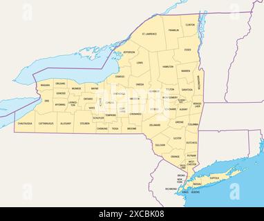 Contee dello Stato di New York, mappa politica. New York, stato degli Stati Uniti nordorientali, uno degli stati del Medio Atlantico, è suddiviso in 62 contee. Foto Stock