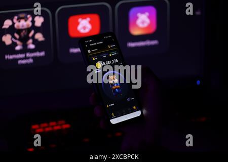 KIEV, UCRAINA - 20 APRILE 2024 Hamster Kombat telegramma bot sullo schermo dello smartphone. Hamster Kombat è un videogioco cripto basato su Telegram per Earn HMSTR Foto Stock
