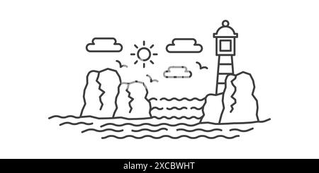 Vista sul mare con faro sulle rocce, onde del mare, sole nelle nuvole, illustrazione vettoriale con icona a forma di linea Illustrazione Vettoriale