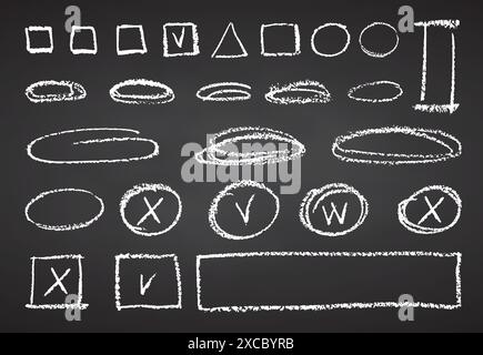 Matita al carbone che disegna a mano linee ricciose, schizzi, scoiattoli e forme. Elementi di gesso bianco su lavagna nera scarabocchi di scarabocchi di granchio di gesso Grunge Illustrazione Vettoriale