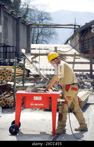 Macchinari da costruzione, da banco sega con woodcutting sega circolare Foto Stock