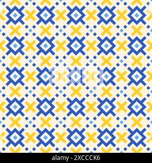 Pixel art blu, giallo, bianco con ornamenti tradizionali ucraini da ricamo, illustrazione vettoriale di sfondo senza cuciture. pr geometrico minimalista Illustrazione Vettoriale