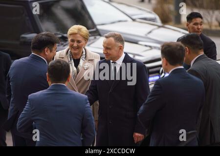 Ulan Bator, Mongolia. 26 aprile 2023. Durante la sua visita in Mongolia, il presidente polacco Duda visitò il Museo di Genghis Khan. Crediti: L.Enkh-Orgil. Foto Stock
