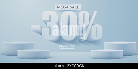 30% di sconto. Sconto composizione creativa. Presentazione del prodotto, simulazione, podio. Banner e poster di vendita. Illustrazione vettoriale. Illustrazione Vettoriale
