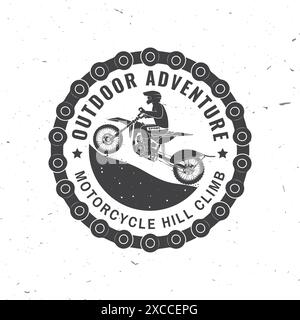 Logo, badge, adesivo, moto Hill Climb. Illustrazione vettoriale. Sport estremi con moto per salto estremo e gare in montagna. Stile monocromatico Illustrazione Vettoriale