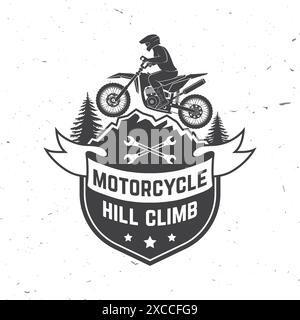 Logo, badge, adesivo, moto Hill Climb. Illustrazione vettoriale. Sport estremi con moto per salto estremo e gare in montagna. Stile monocromatico Illustrazione Vettoriale