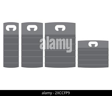 Fusti di birra in metallo argento. Illustrazione vettoriale оn sfondo bianco vuoto. Forme diverse. Illustrazione Vettoriale