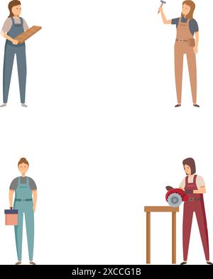 Collezione variegata di personaggi dei cartoni animati che rappresentano varie professioni esperte e persone ambientate su uno sfondo bianco. Tecnico incluso. Ingegnere. Falegname. E molto altro ancora Illustrazione Vettoriale