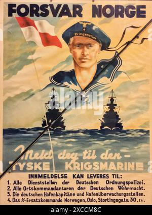 Una propaganda norvegese e un manifesto di reclutamento voluteers per combattere con i tedeschi nella marina (Kriegsmarine) durante la seconda guerra mondiale. Lo slogan dice difesa norvegese. Foto Stock