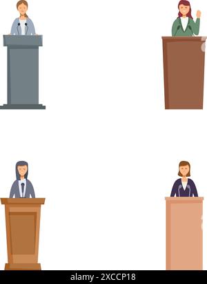 Quattro icone vettoriali che rappresentano uomini d'affari di diverso genere ai podi, parlando in pubblico Illustrazione Vettoriale