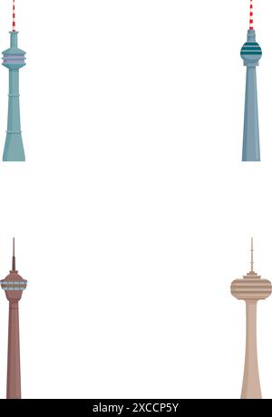 Collezione di quattro illustrazioni minimalistiche che raffigurano famose torri televisive di tutto il mondo Illustrazione Vettoriale