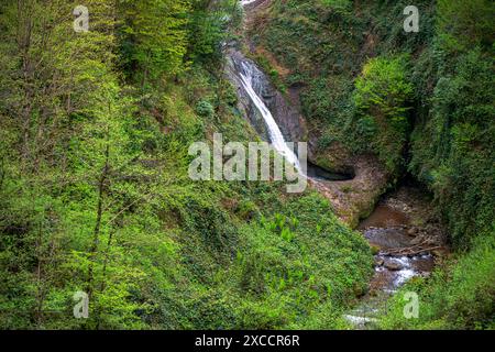 Una pittoresca cascata che scorre sopra le rocce in una natura lussureggiante, creando un paesaggio naturale sereno e tranquillo. Foto Stock