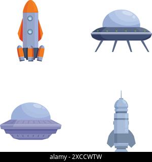 Futuristica collezione di veicoli spaziali con illustrazioni di razzi, ufo, astronavi e altri veicoli spaziali per missioni interstellari e intergalattiche Illustrazione Vettoriale
