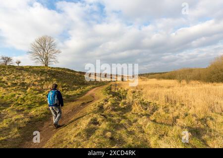 Donna che cammina su un sentiero attraverso le miniere, Somerset, Mendip, Regno Unito Foto Stock