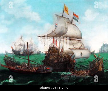 Navi olandesi Ramming galee spagnole al largo della costa inglese, 3 ottobre 1602 (1617) di Hendrick Cornelisz Vroom e Cornelis Hendriksz Vroom Foto Stock