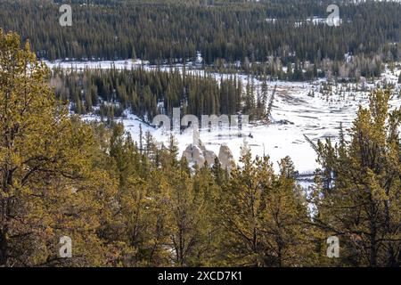 Hoodoos Viewpoint, Banff National Park bellissimo paesaggio. Vista panoramica sulla foresta di Mount Rundle Valley e sul fiume Bow ghiacciato in inverno. Montagne Rocciose canadesi. Foto Stock