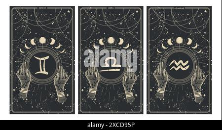 Gemini, Libra, Aodolay, set di carte con segni zodiacali in stile vintage su sfondo nero. Illustrazione vettoriale vintage dell'astrologia Illustrazione Vettoriale