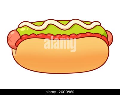 Hot dog con pomodoro, avocado e mayo. Panino fast food tradizionale, popolare in Cile come "Completo Italiano". Disegno di cartoni animati, illus vettoriale isolato Illustrazione Vettoriale