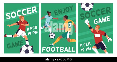 Carte partita di calcio. Giocatori di calcio che calciano il pallone sul campo dello stadio. Pose dinamiche degli atleti. Poster degli inviti al campionato. Competizione sportiva Illustrazione Vettoriale