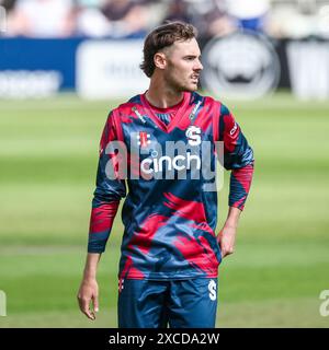 Worcester, Regno Unito. 16 giugno 2024. Freddie Heldreich si prepara a ciotola durante il Vitality T20 Blast match tra Worcestershire Rapids e Northamptonshire Steelbacks a New Road, Worcester, Regno Unito, il 16 giugno 2024. Foto di Stuart Leggett. Solo per uso editoriale, licenza richiesta per uso commerciale. Non utilizzare in scommesse, giochi o pubblicazioni di singoli club/campionato/giocatori. Crediti: UK Sports Pics Ltd/Alamy Live News Foto Stock