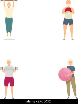 Raccolta di illustrazioni che raffigurano anziani impegnati in vari esercizi di fitness Illustrazione Vettoriale