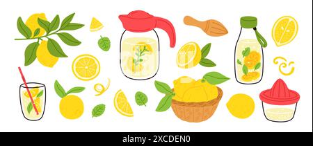 Limonata fatta in casa. Bevanda estiva fresca agli agrumi con zucchero e foglie di menta. Succose frutta acida in acqua. Caraffe e biberon in vetro. Bevanda rinfrescante Illustrazione Vettoriale