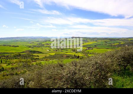 Monticchiello, Italia - 27 aprile 2023: Paesaggio rurale toscano nei pressi di Monticchiello. Italia Foto Stock