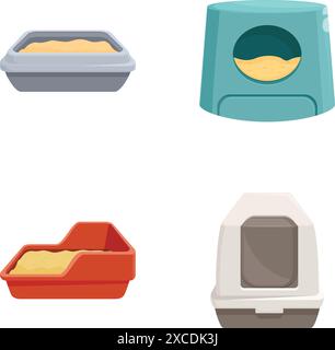 Illustrazione di quattro diversi stili di scatole per lettiere di gatto, isolate su uno sfondo bianco Illustrazione Vettoriale