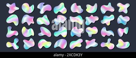 Set di lobi metallici liquidi olografici. Gocce di cromo iridescenti o forme libere irregolari dell'ologramma. Macchie deformate a gradiente metallico arcobaleno o forme astratte fluide di ameba. Moderni blocchi asimmetrici Illustrazione Vettoriale