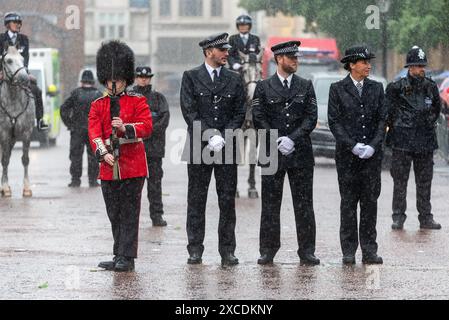 Street Liner soldato della Household Division e agenti di polizia a Trooping the Colour 2024 nel Mall, Londra, Regno Unito, durante forti temporali Foto Stock