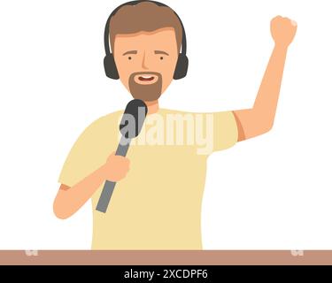 Conduttore radio maschio che parla in un microfono con cuffie che parla alla radio e alza il pugno in aria Illustrazione Vettoriale