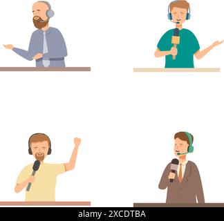 Set di quattro personaggi maschi cartoni animati con microfono che parlano, che rappresentano diversi presentatori Illustrazione Vettoriale
