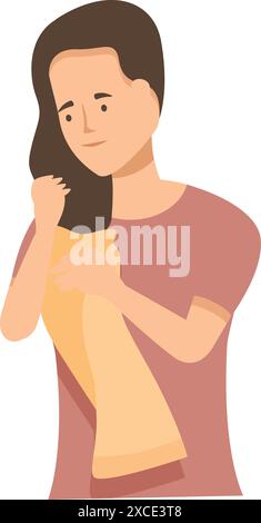 La donna sta asciugando i capelli lunghi bagnati con un asciugamano dopo aver fatto la doccia Illustrazione Vettoriale